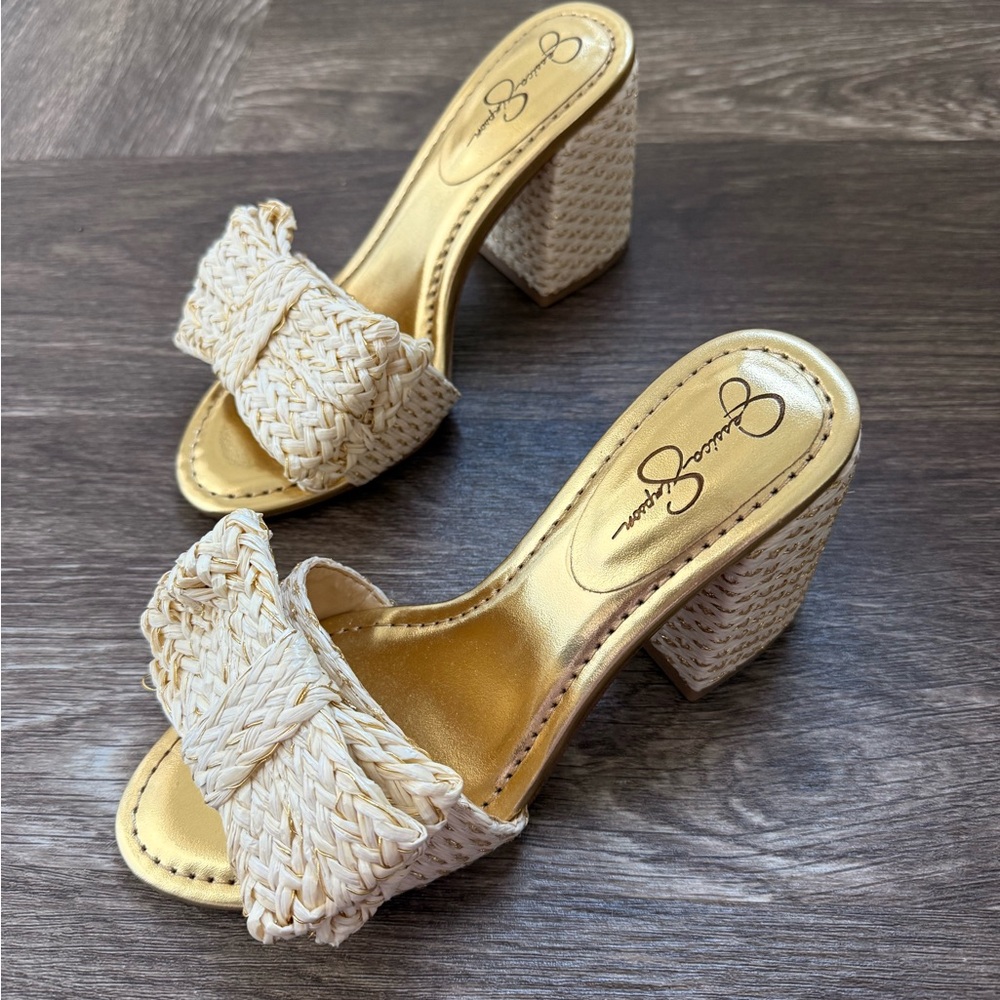 Cream and Gold Woven Heeled Sandals Mules